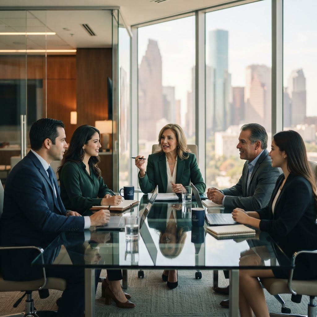 Ejecutivos hispanos recibiendo asesoría de negocios en una oficina moderna de Houston